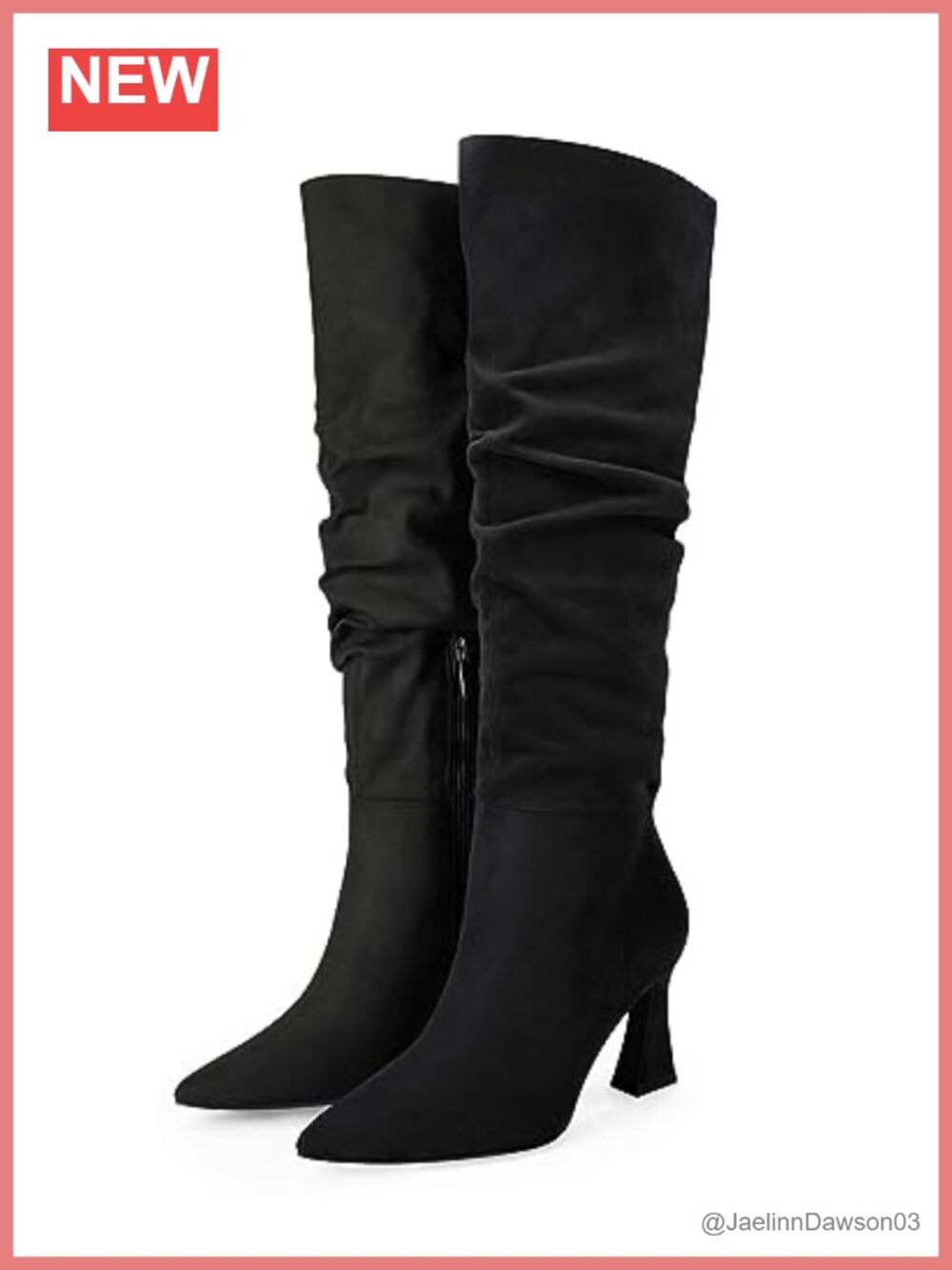 Slouchy Knee High Boots Wide Calf Pointed Toe Side Zipper Chunky Heel